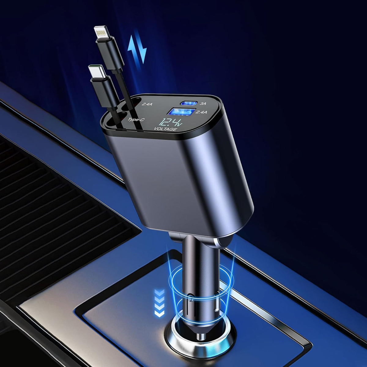 Premium 4-in-1 Retractable Car Charger (120W)(iPhone/Type C Cable- Compatible with iPhone Android)