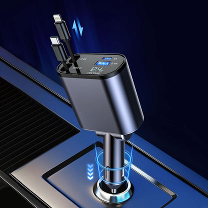 Premium 4-in-1 Retractable Car Charger (120W)(iPhone/Type C Cable- Compatible with iPhone Android)