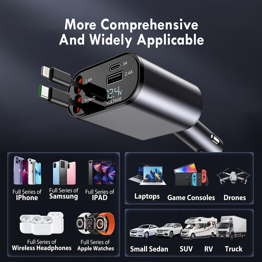 Premium 4-in-1 Retractable Car Charger (120W)(iPhone/Type C Cable- Compatible with iPhone Android)