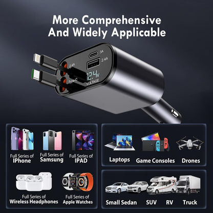 Premium 4-in-1 Retractable Car Charger (120W)(iPhone/Type C Cable- Compatible with iPhone Android)