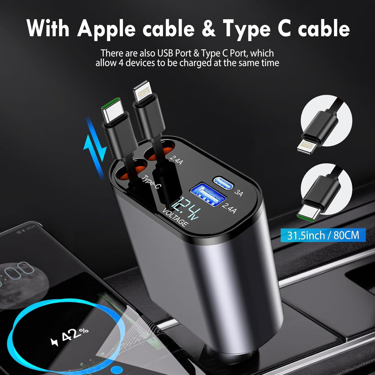 Premium 4-in-1 Retractable Car Charger (120W)(iPhone/Type C Cable- Compatible with iPhone Android)