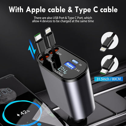 Premium 4-in-1 Retractable Car Charger (120W)(iPhone/Type C Cable- Compatible with iPhone Android)