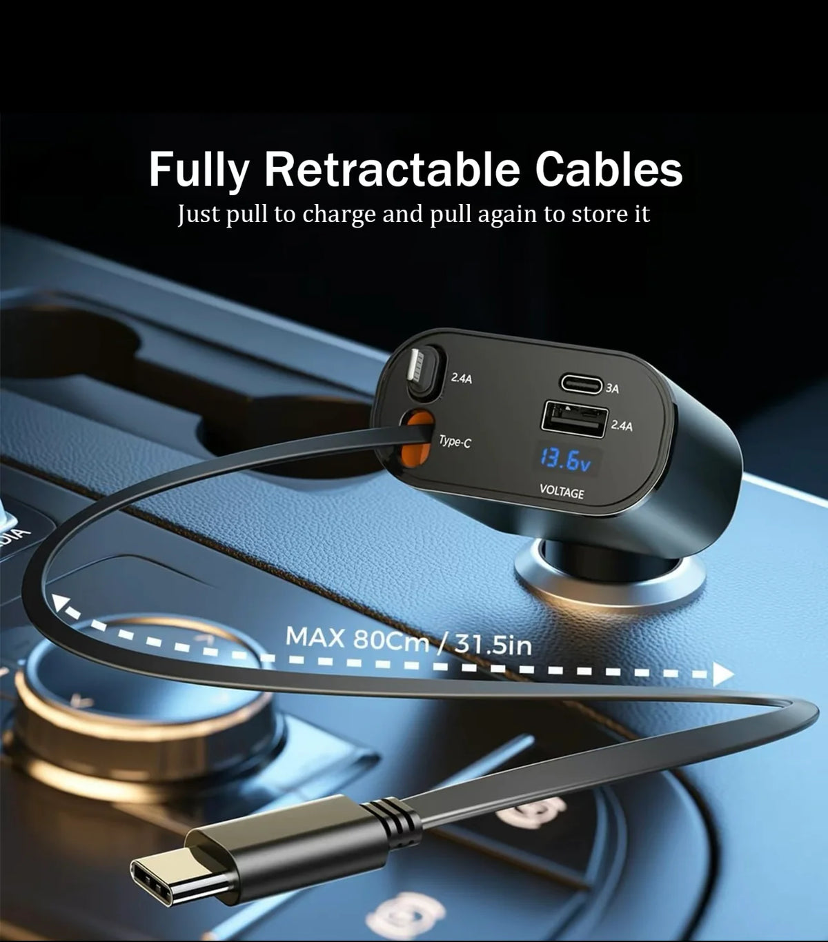 Premium 4-in-1 Retractable Car Charger (120W)(iPhone/Type C Cable- Compatible with iPhone Android)