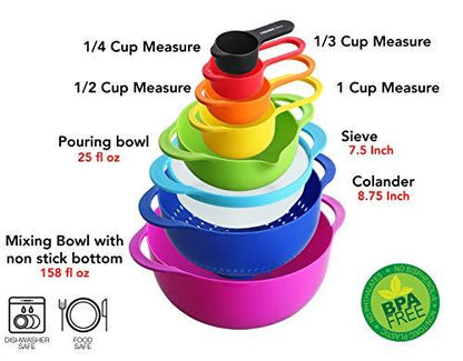 Plastic Bowls, Colander & Measuring Cups & Spoon (Set of 8)
